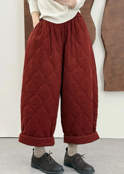 Plus Size Green Pockets Elastic Waist Fine Cotton Filled Pants Winter