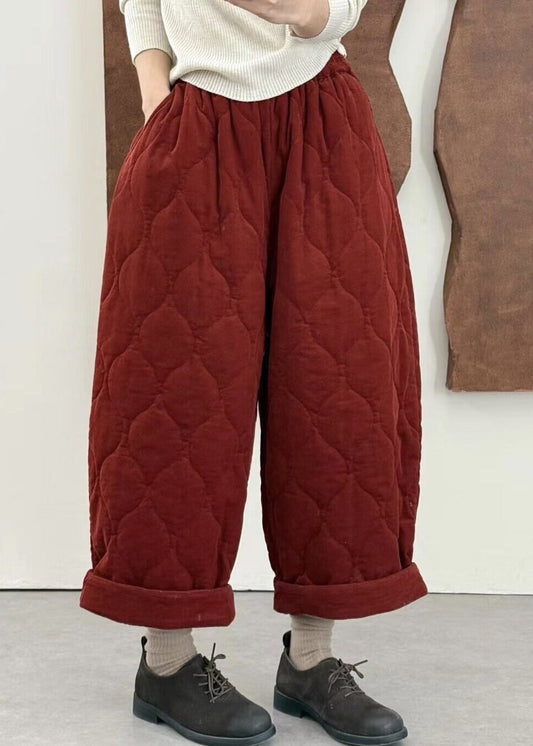 Plus Size Green Pockets Elastic Waist Fine Cotton Filled Pants Winter