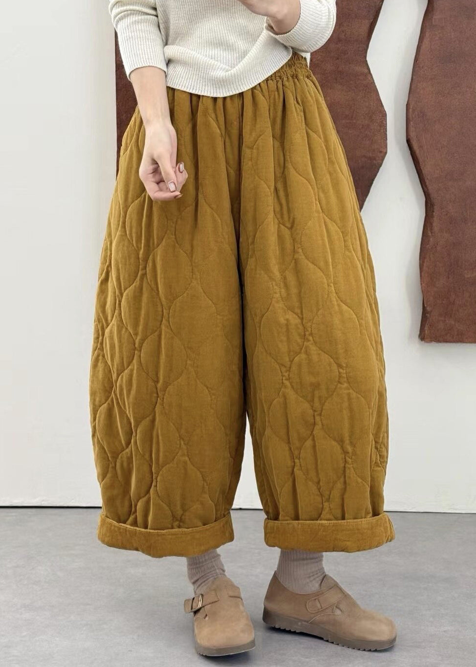 Plus Size Green Pockets Elastic Waist Fine Cotton Filled Pants Winter