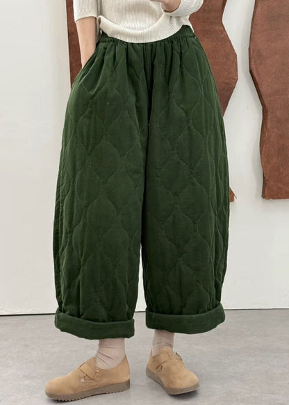 Plus Size Green Pockets Elastic Waist Fine Cotton Filled Pants Winter