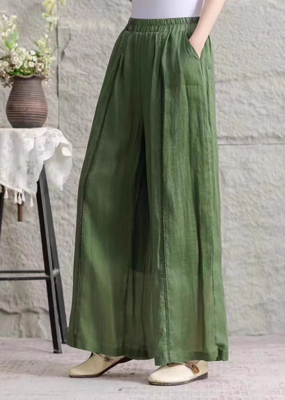 Plus Size Green Pockets Hollow Out Patchwork Linen Pants Summer