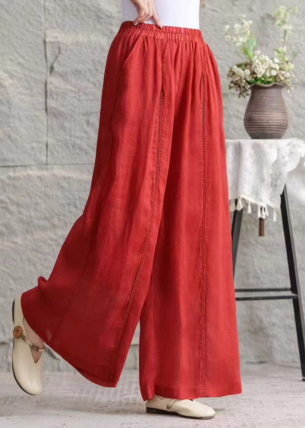 Plus Size Green Pockets Hollow Out Patchwork Linen Pants Summer