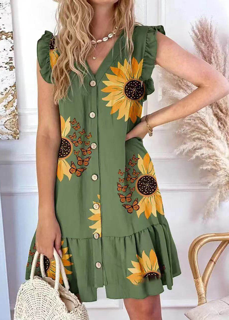 Plus Size Green Print Cotton Tea Dress Summer