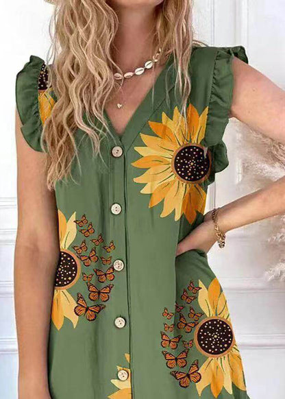 Plus Size Green Print Cotton Tea Dress Summer
