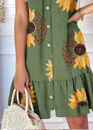 Plus Size Green Print Cotton Tea Dress Summer