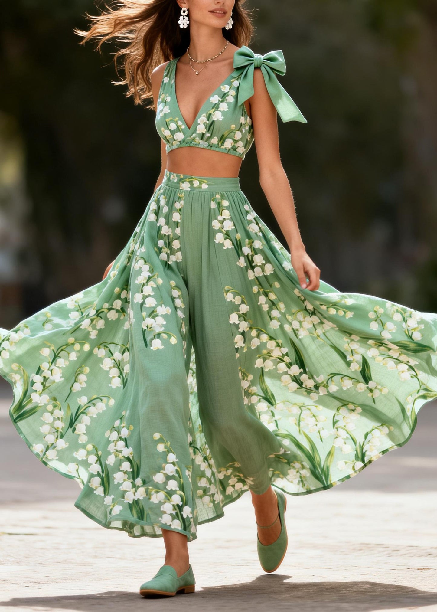 Plus Size Green Print Exra Large Hem Bow Cotton Two Pieces Set Summer