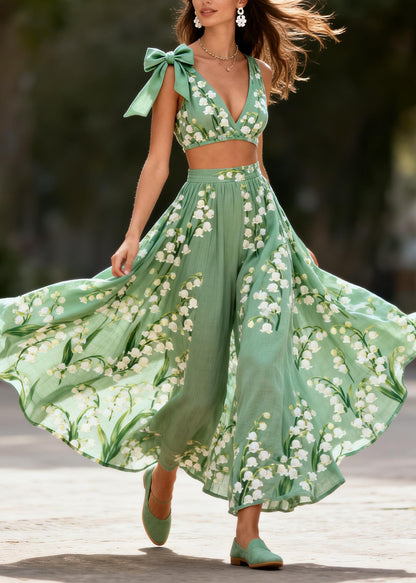 Plus Size Green Print Exra Large Hem Bow Cotton Two Pieces Set Summer