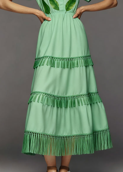Plus Size Green Print Tassel Patchwork Cotton Long Dresses Summer
