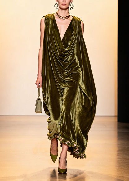 Plus Size Green Ruffled Floral Patchwork Velvet Robe Dresses Sleeveless