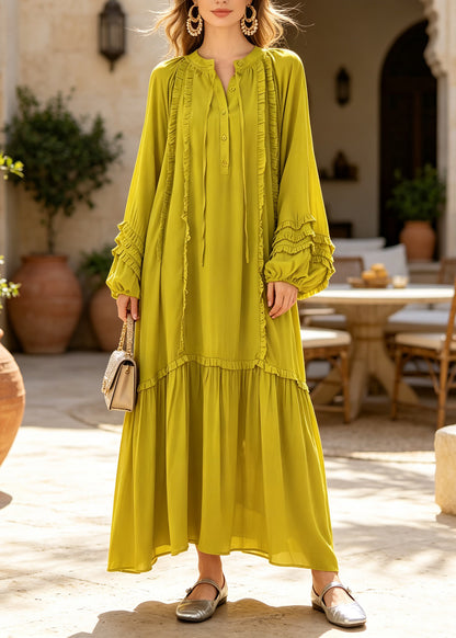 Plus Size Green Ruffled Patchwork Cotton Ankle Dress Fall