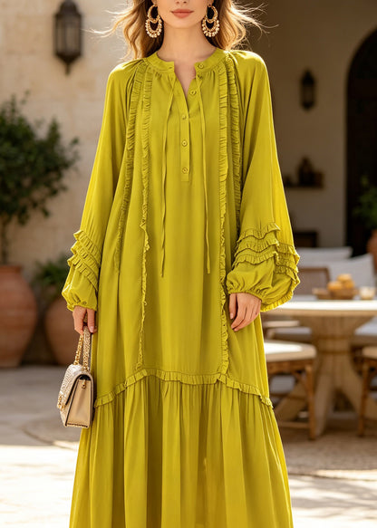 Plus Size Green Ruffled Patchwork Cotton Ankle Dress Fall