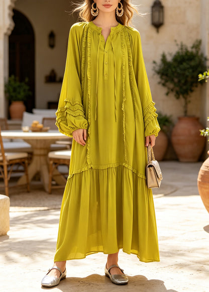 Plus Size Green Ruffled Patchwork Cotton Ankle Dress Fall