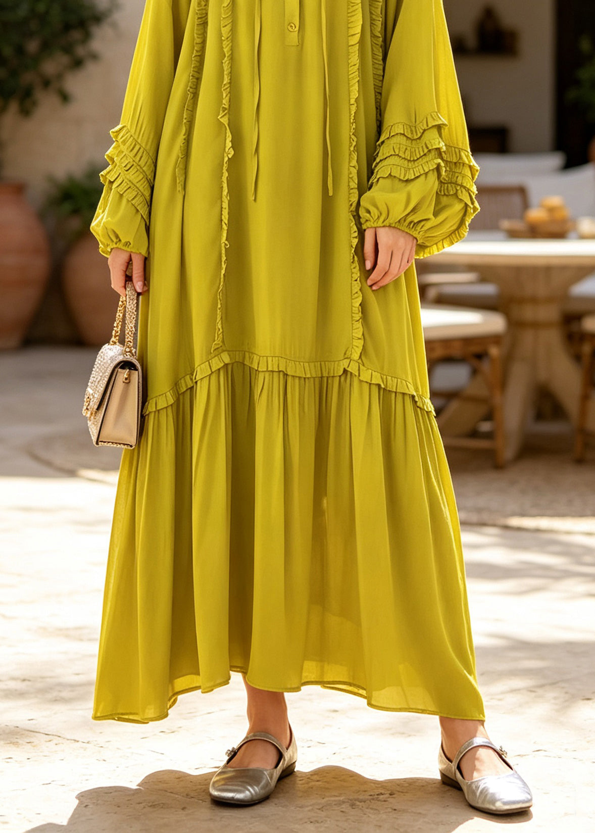 Plus Size Green Ruffled Patchwork Cotton Ankle Dress Fall