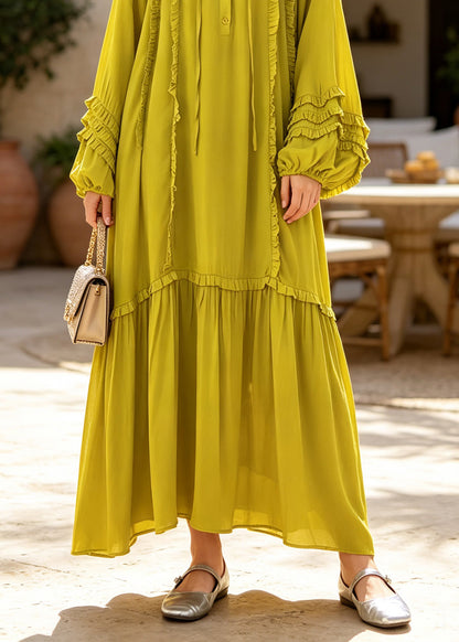 Plus Size Green Ruffled Patchwork Cotton Ankle Dress Fall