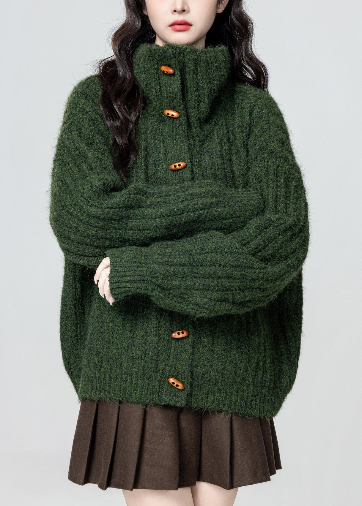 Plus Size Green Stand Collar Button Cozy Knit Coat Winter