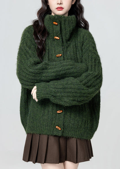 Plus Size Green Stand Collar Button Cozy Knit Coat Winter