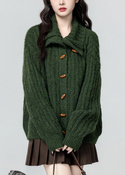 Plus Size Green Stand Collar Button Cozy Knit Coat Winter