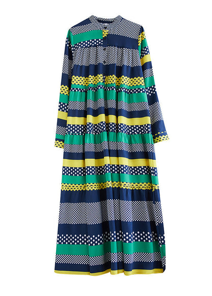 Plus Size Green Stand Collar Print Patchwork Chiffon Dress Long Sleeve