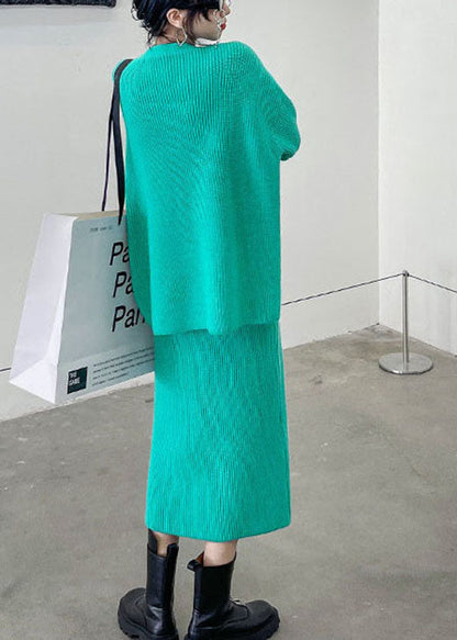 Plus Size Green V Neck Button Winter Knit Two-Piece Set