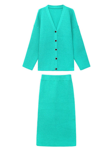 Plus Size Green V Neck Button Winter Knit Two-Piece Set