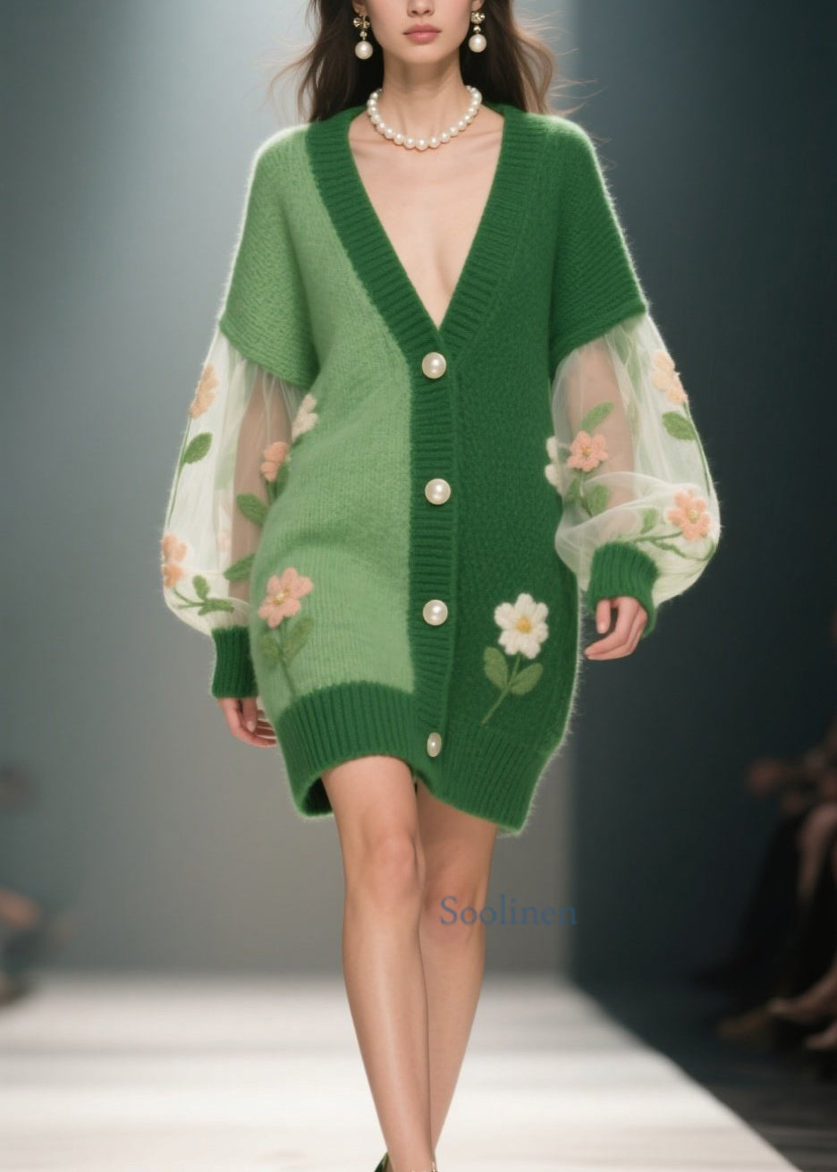 Plus Size Green V Neck Floral Patchwork Knit Cardigan Fall