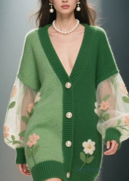 Plus Size Green V Neck Floral Patchwork Knit Cardigan Fall