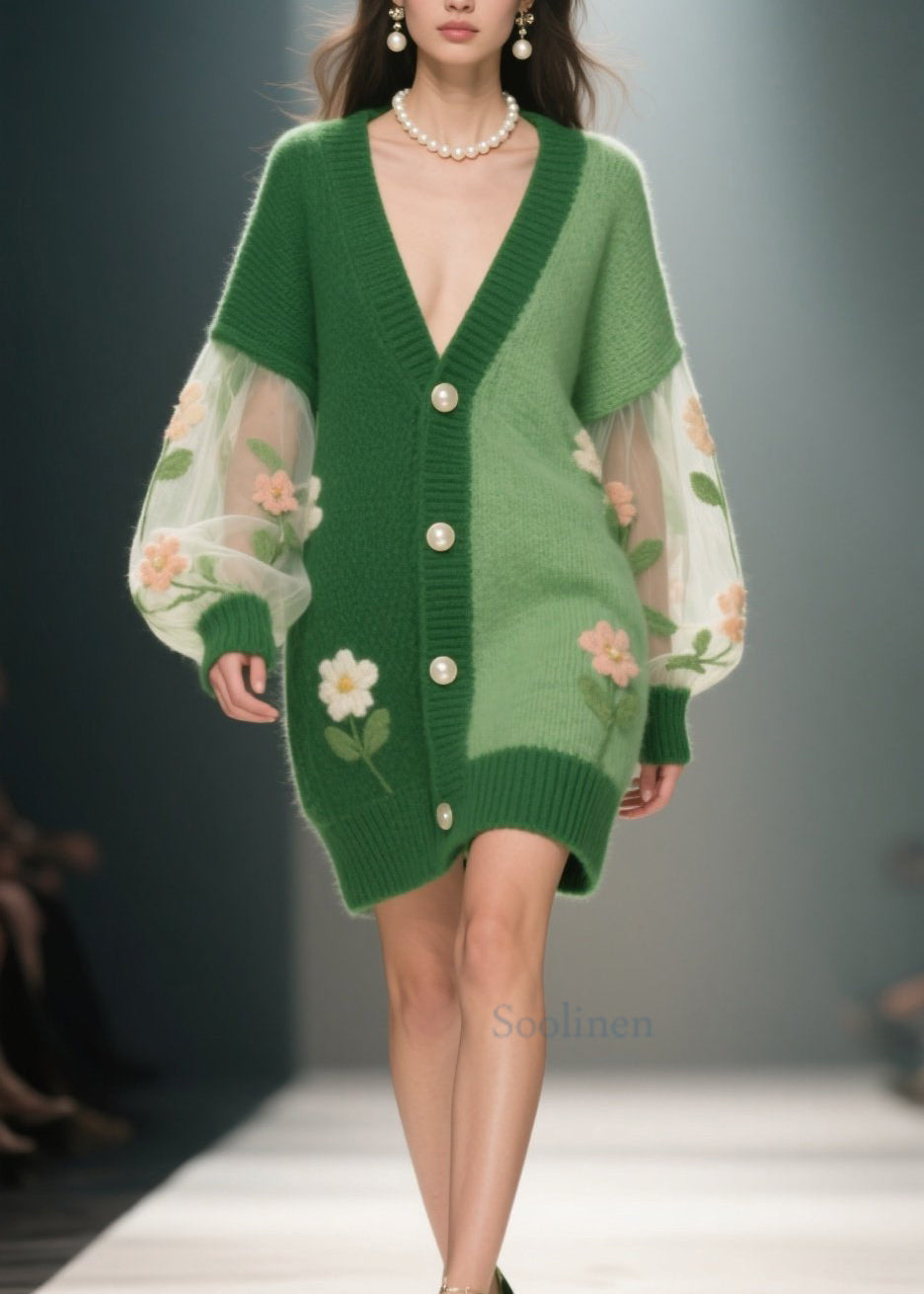 Plus Size Green V Neck Floral Patchwork Knit Cardigan Fall