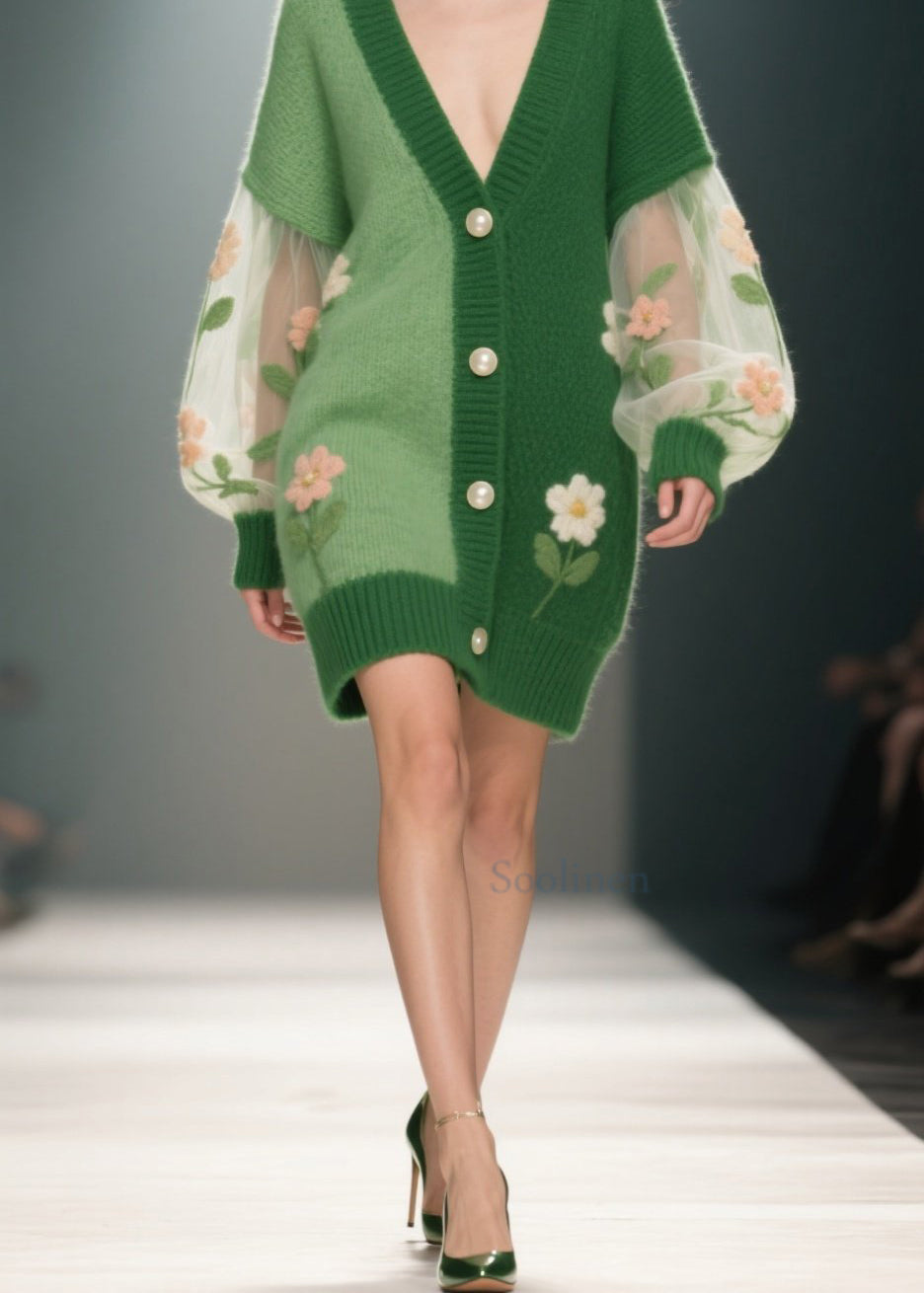 Plus Size Green V Neck Floral Patchwork Knit Cardigan Fall