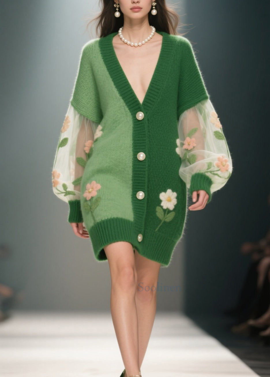 Plus Size Green V Neck Floral Patchwork Knit Cardigan Fall