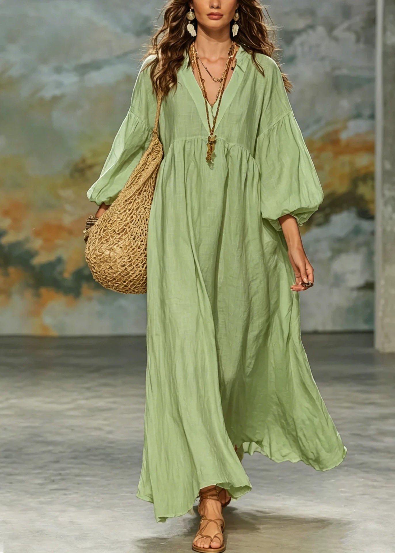 Plus Size Green V Neck Patchwork Cotton Dresses Lantern Sleeve