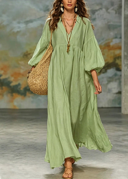 Plus Size Green V Neck Patchwork Cotton Dresses Lantern Sleeve