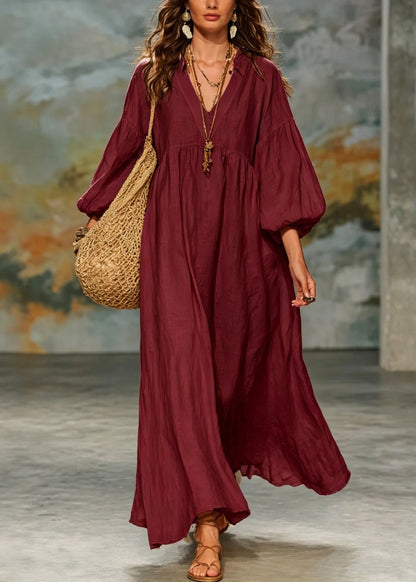 Plus Size Green V Neck Patchwork Cotton Dresses Lantern Sleeve