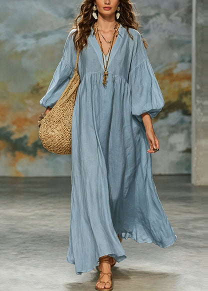 Plus Size Green V Neck Patchwork Cotton Dresses Lantern Sleeve