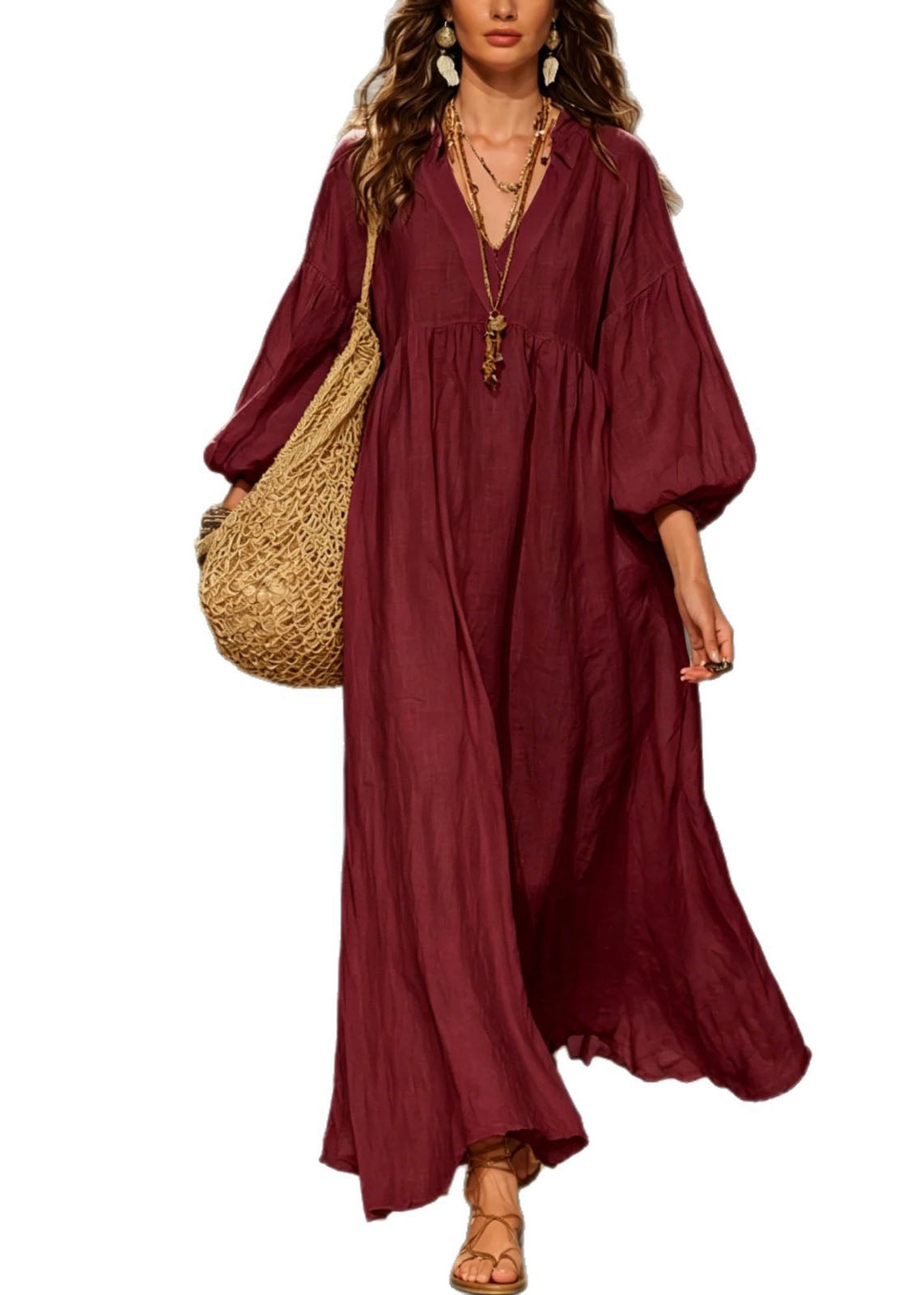 Plus Size Green V Neck Patchwork Cotton Dresses Lantern Sleeve