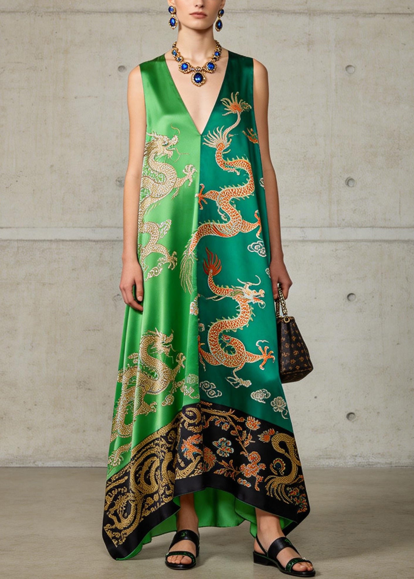 Plus Size Green V Neck Print Silk A Line Dress Sleeveless