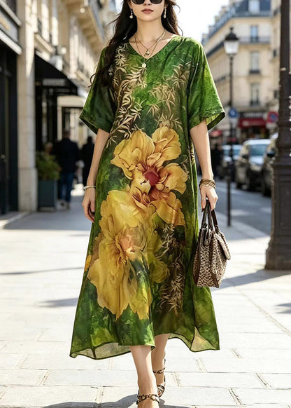 Plus Size Green V Neck Print Silk Maxi Dress Short Sleeve