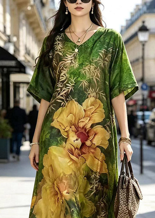 Plus Size Green V Neck Print Silk Maxi Dress Short Sleeve