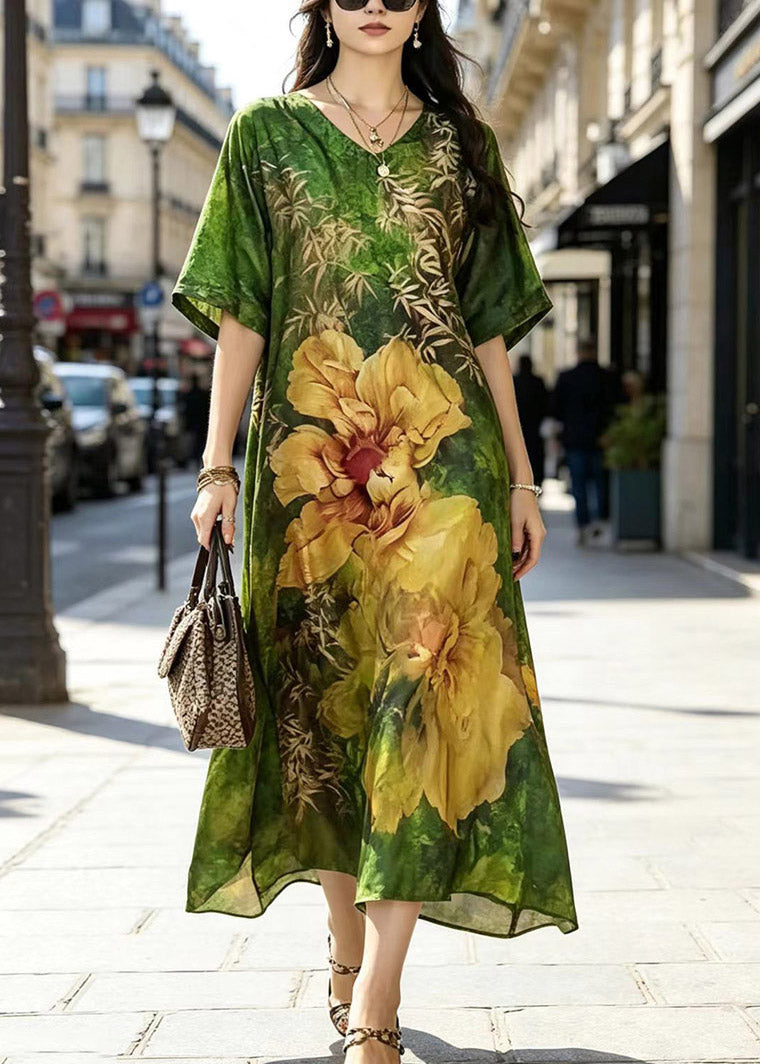Plus Size Green V Neck Print Silk Maxi Dress Short Sleeve