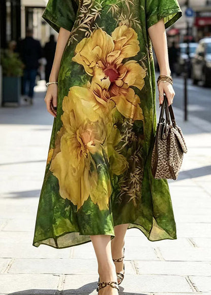 Plus Size Green V Neck Print Silk Maxi Dress Short Sleeve