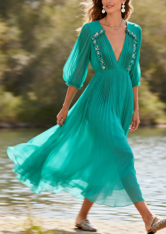 Plus Size Green V Neck Ruffled Floral Chiffon Dress Summer
