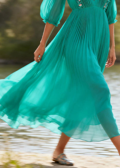Plus Size Green V Neck Ruffled Floral Chiffon Dress Summer