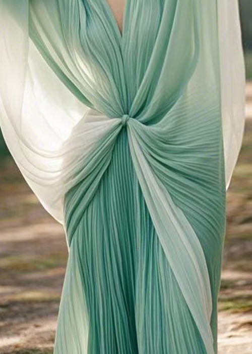 Plus Size Green V Neck Wrinkled Chiffon Two piece dress