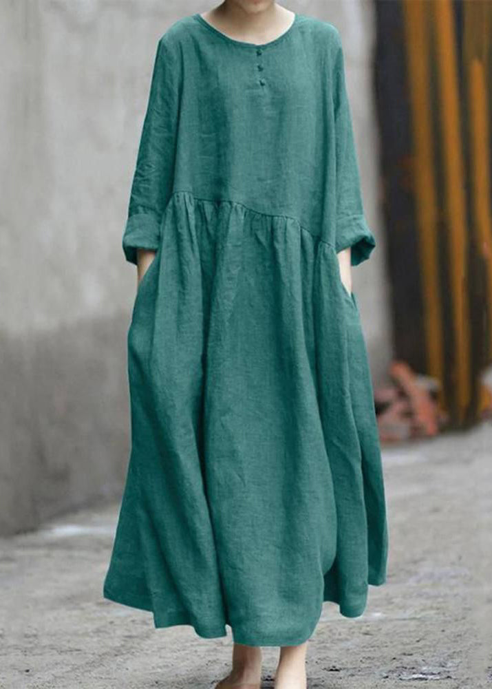 Plus Size Green Wrinkled Patchwork Long Dresses Fall
