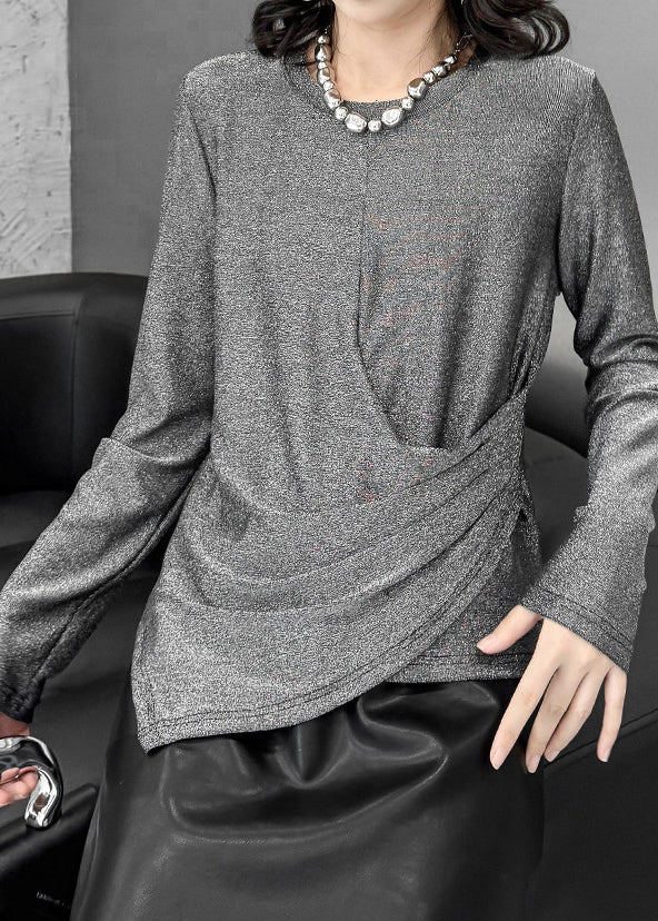 Plus Size Grey Asymmetrical Design Cotton Pullover Tops Fall