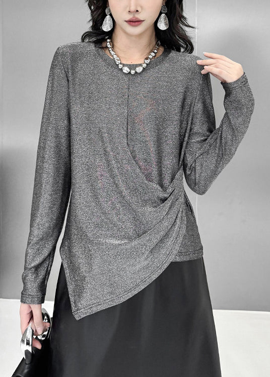 Plus Size Grey Asymmetrical Design Cotton Pullover Tops Fall