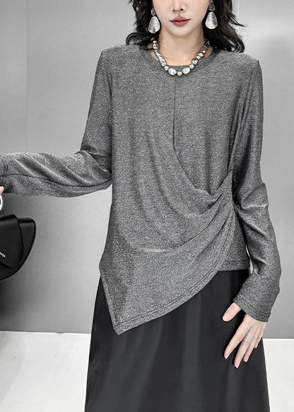 Plus Size Grey Asymmetrical Design Cotton Pullover Tops Fall
