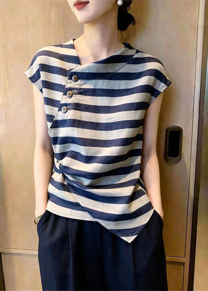 Plus Size Grey Asymmetrical Striped Cotton Top Summer