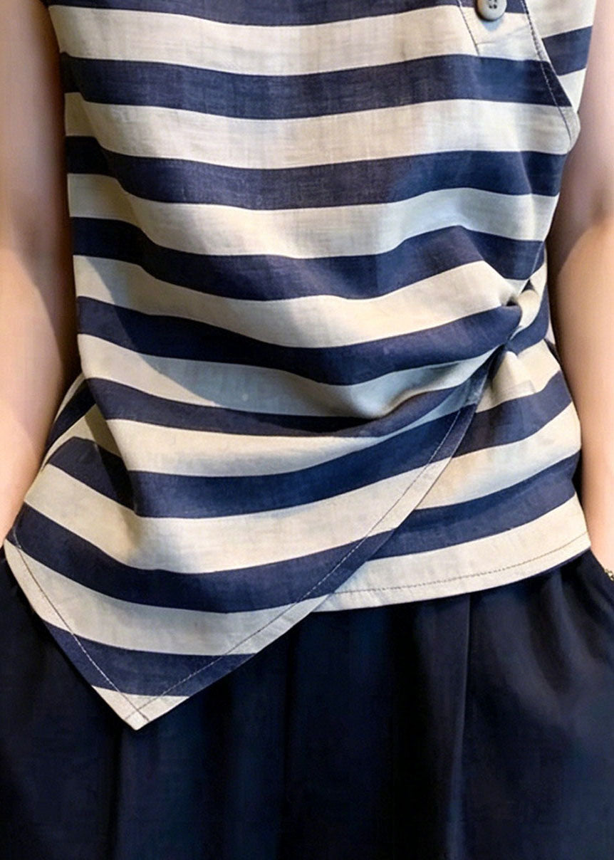 Plus Size Grey Asymmetrical Striped Cotton Top Summer