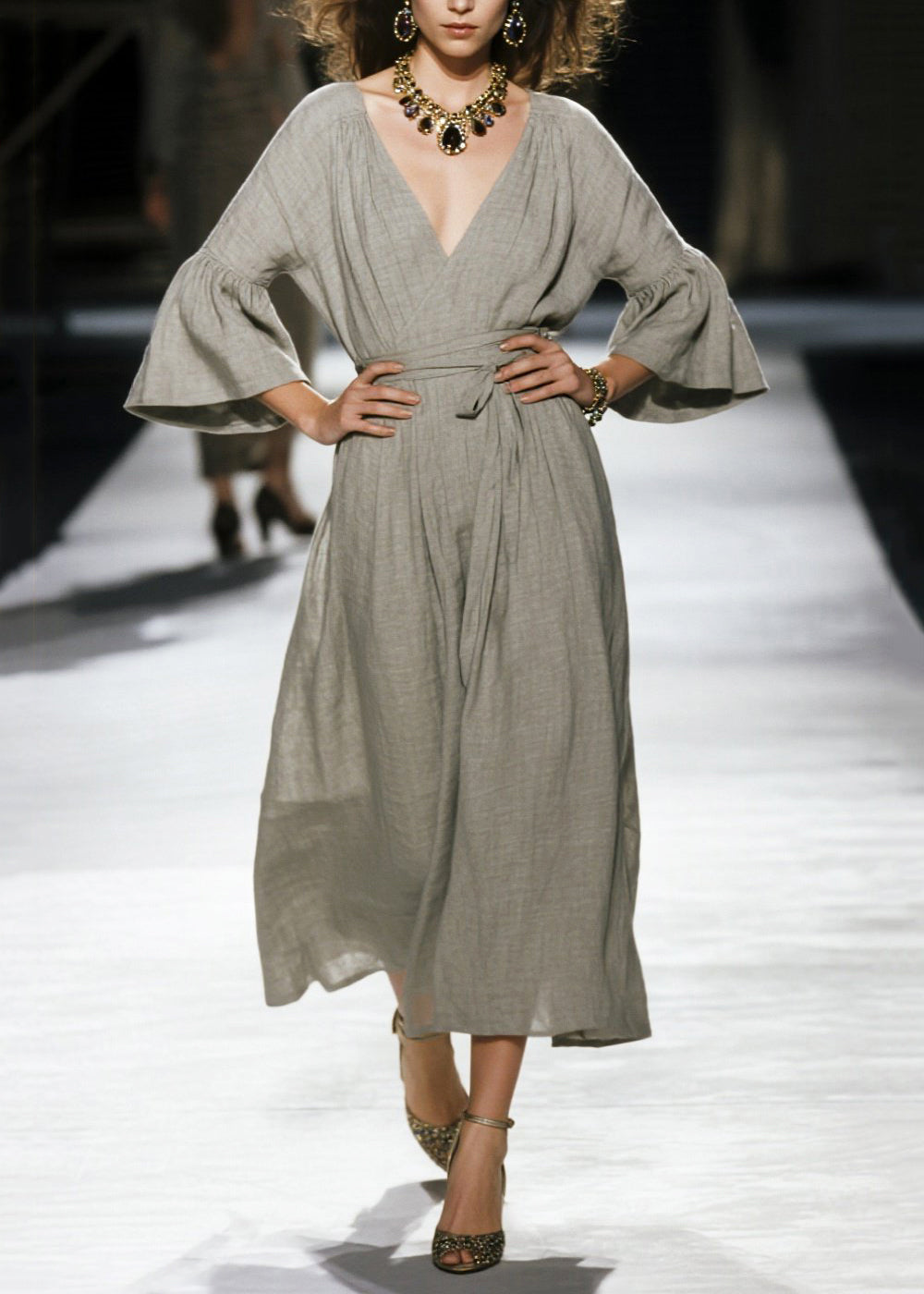 Plus Size Grey Cinched Linen Robe Dresses Flare Sleeve