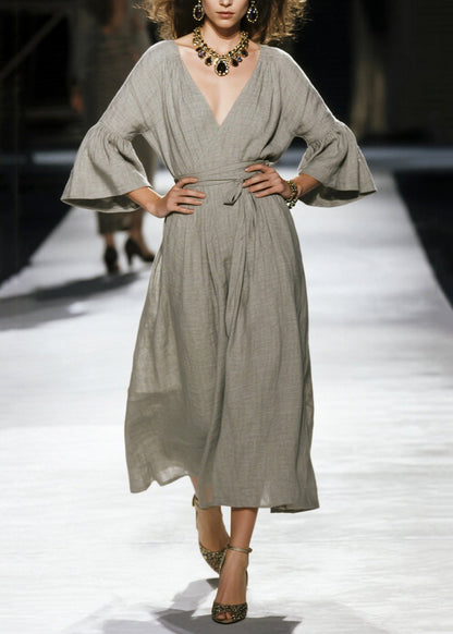 Plus Size Grey Cinched Linen Robe Dresses Flare Sleeve